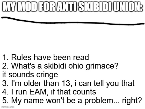 here ya go | MY MOD FOR ANTI SKIBIDI UNION:; 1. Rules have been read
2. What's a skibidi ohio grimace? it sounds cringe
3. I'm older than 13, i can tell you that
4. I run EAM, if that counts
5. My name won't be a problem... right? | made w/ Imgflip meme maker