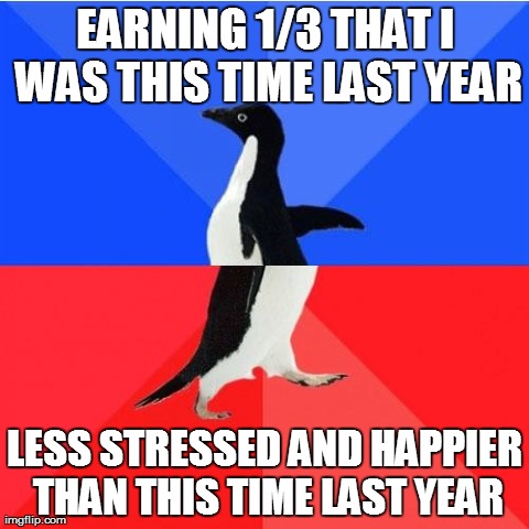 Socially Awkward Awesome Penguin Meme | EARNING 1/3 THAT I WAS THIS TIME LAST YEAR LESS STRESSED AND HAPPIER THAN THIS TIME LAST YEAR | image tagged in memes,socially awkward awesome penguin,AdviceAnimals | made w/ Imgflip meme maker