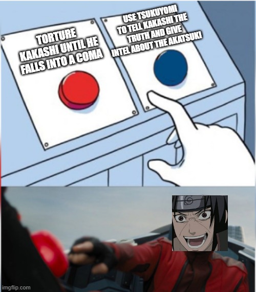 Robotnik Pressing Red Button | USE TSUKUYOMI TO TELL KAKASHI THE TRUTH AND GIVE INTEL ABOUT THE AKATSUKI; TORTURE KAKASHI UNTIL HE FALLS INTO A COMA | image tagged in robotnik pressing red button | made w/ Imgflip meme maker