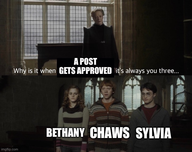 Sorry other mods… | A POST GETS APPROVED; SYLVIA; BETHANY; CHAWS | image tagged in why is it always you 3,lgbtq,mod,mods,imgflip mods | made w/ Imgflip meme maker