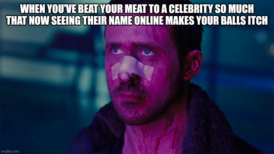 ryan gosling bladerunner | WHEN YOU'VE BEAT YOUR MEAT TO A CELEBRITY SO MUCH THAT NOW SEEING THEIR NAME ONLINE MAKES YOUR BALLS ITCH | image tagged in ryan gosling bladerunner | made w/ Imgflip meme maker