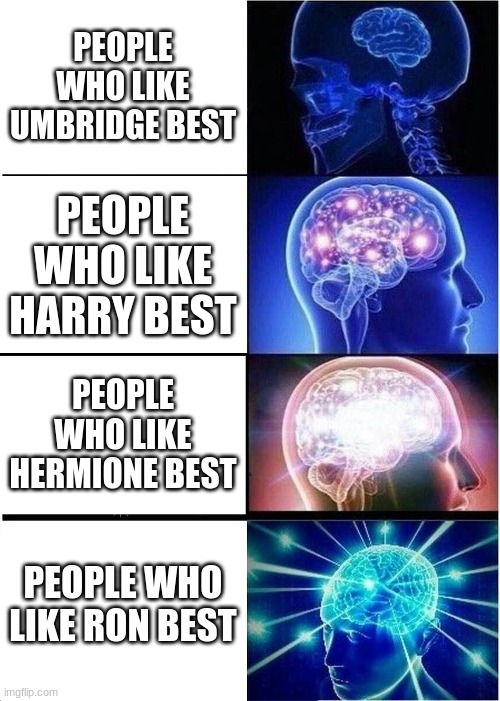 The best characters (this is just my opinion) | PEOPLE WHO LIKE UMBRIDGE BEST; PEOPLE WHO LIKE HARRY BEST; PEOPLE WHO LIKE HERMIONE BEST; PEOPLE WHO LIKE RON BEST | image tagged in memes,expanding brain | made w/ Imgflip meme maker