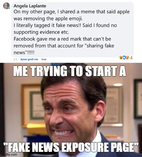 ME TRYING TO START A; "FAKE NEWS EXPOSURE PAGE" | image tagged in cringe,facebook,fake news,social media | made w/ Imgflip meme maker