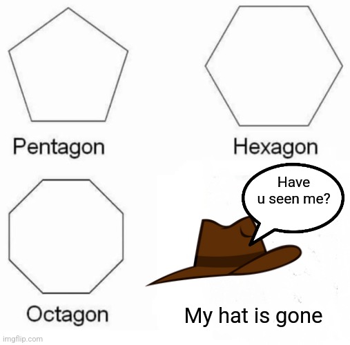 My hat is gone | Have u seen me? My hat is gone | image tagged in memes,pentagon hexagon octagon,jpfan102504,relatable | made w/ Imgflip meme maker