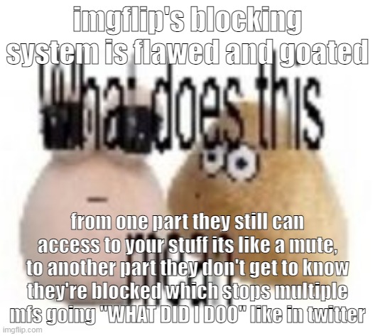 what does this mean | imgflip's blocking system is flawed and goated; from one part they still can access to your stuff its like a mute, to another part they don't get to know they're blocked which stops multiple mfs going "WHAT DID I DOO" like in twitter | image tagged in what does this mean | made w/ Imgflip meme maker