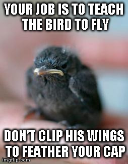 YOUR JOB IS TO TEACH THE BIRD TO FLY DON'T CLIP HIS WINGS TO FEATHER YOUR CAP | image tagged in grumpy bird in hand | made w/ Imgflip meme maker