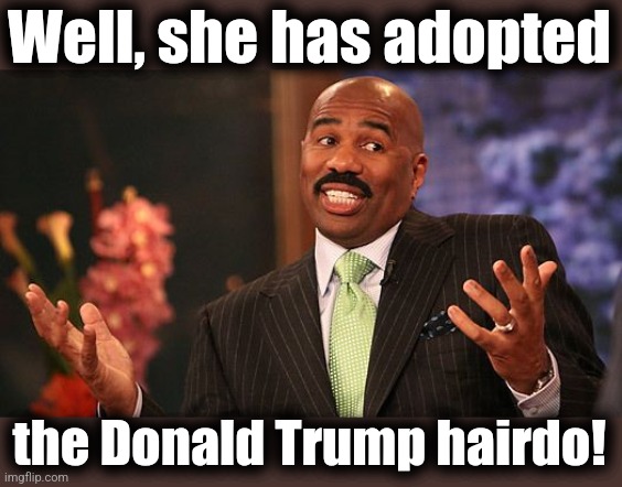 shrug | Well, she has adopted the Donald Trump hairdo! | image tagged in shrug | made w/ Imgflip meme maker