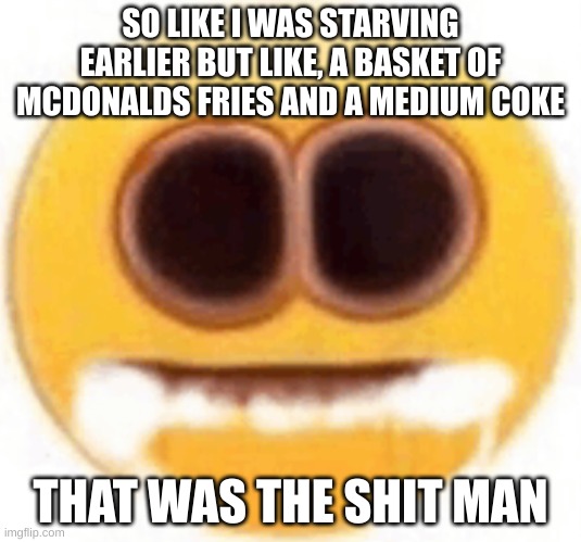 idk how i can survive off of salted potatoes and grease but damn that shit was good | SO LIKE I WAS STARVING EARLIER BUT LIKE, A BASKET OF MCDONALDS FRIES AND A MEDIUM COKE; THAT WAS THE SHIT MAN | image tagged in emoji foaming at the mouth | made w/ Imgflip meme maker