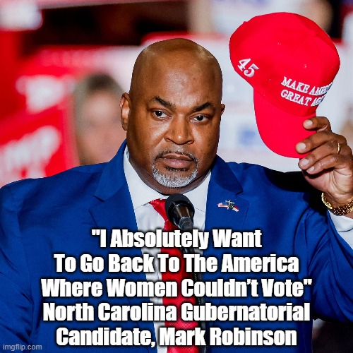 "I Absolutely Want To Go Back To The America Where Women Couldn't Vote" | "I Absolutely Want To Go Back To The America Where Women Couldn’t Vote"
North Carolina Gubernatorial Candidate, Mark Robinson | image tagged in mark robinson,north carolina governor race,vote josh stein for nc governor,women,the right to vote,nc gubernatorial race | made w/ Imgflip meme maker