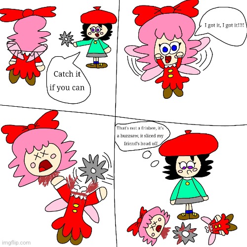 Adeleine mistook the buzzsaw as a frisbee and it sliced Ribbon head off (Weirdest Ribbon Death Comic) | image tagged in kirby,comics/cartoons,parody,funny,cute,fanart | made w/ Imgflip meme maker