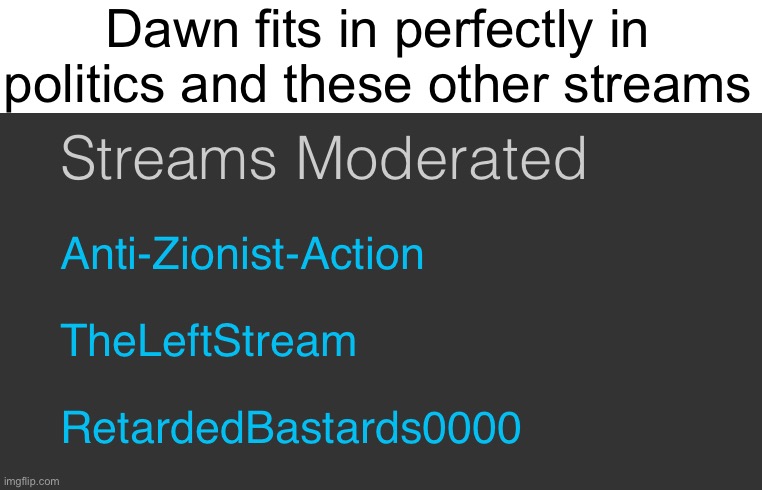 Dawn fits in perfectly in politics and these other streams | made w/ Imgflip meme maker