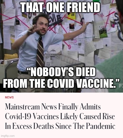 THAT ONE FRIEND; “NOBODY’S DIED FROM THE COVID VACCINE.” | image tagged in charlie conspiracy always sunny in philidelphia,covid-19,covid vaccine | made w/ Imgflip meme maker