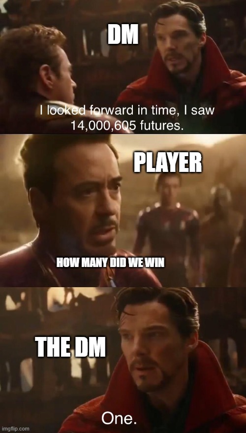 Dr. Strange’s Futures | DM; PLAYER; HOW MANY DID WE WIN; THE DM | image tagged in dr strange s futures | made w/ Imgflip meme maker