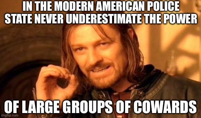One Does Not Simply | IN THE MODERN AMERICAN POLICE STATE NEVER UNDERESTIMATE THE POWER; OF LARGE GROUPS OF COWARDS | image tagged in memes,one does not simply | made w/ Imgflip meme maker