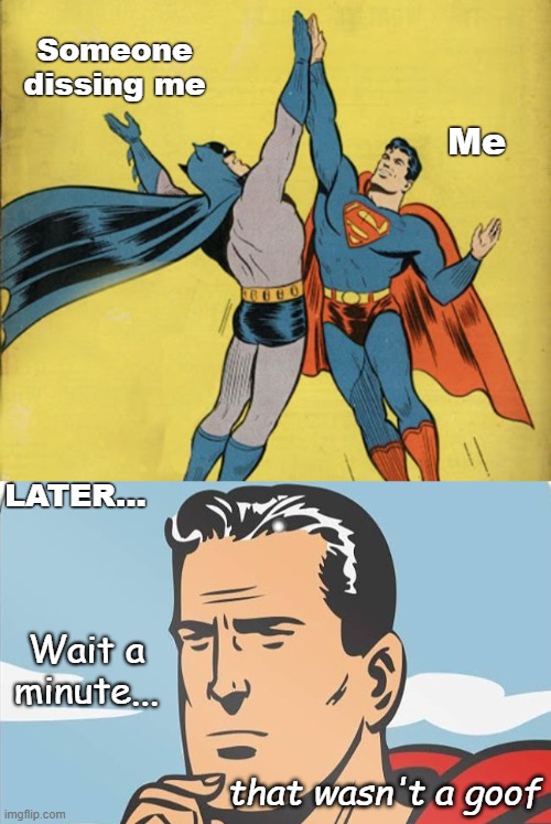 Someone dissing me; Me; LATER... Wait a minute... that wasn't a goof | image tagged in batman superman high five,funny,superman | made w/ Imgflip meme maker