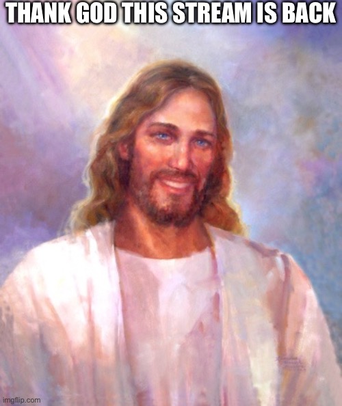 Smiling Jesus Meme | THANK GOD THIS STREAM IS BACK | image tagged in memes,smiling jesus | made w/ Imgflip meme maker