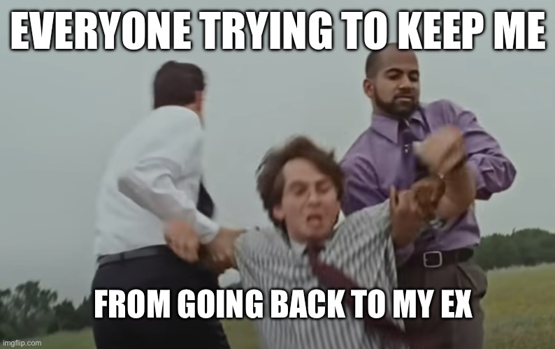 Hold me back | EVERYONE TRYING TO KEEP ME; FROM GOING BACK TO MY EX | image tagged in hold me back | made w/ Imgflip meme maker