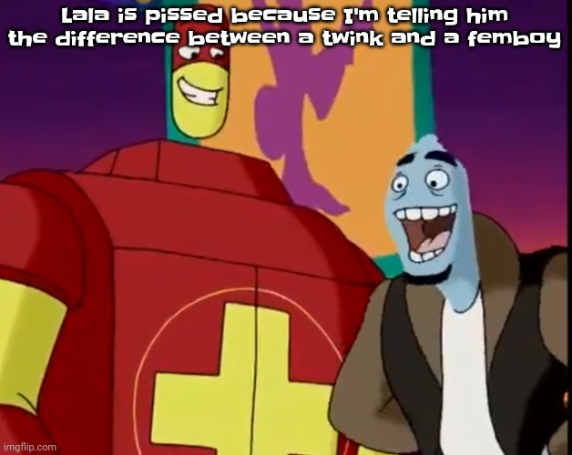 Like dude | Lala is pissed because I'm telling him the difference between a twink and a femboy | image tagged in he's about to perform the bite of 87 | made w/ Imgflip meme maker