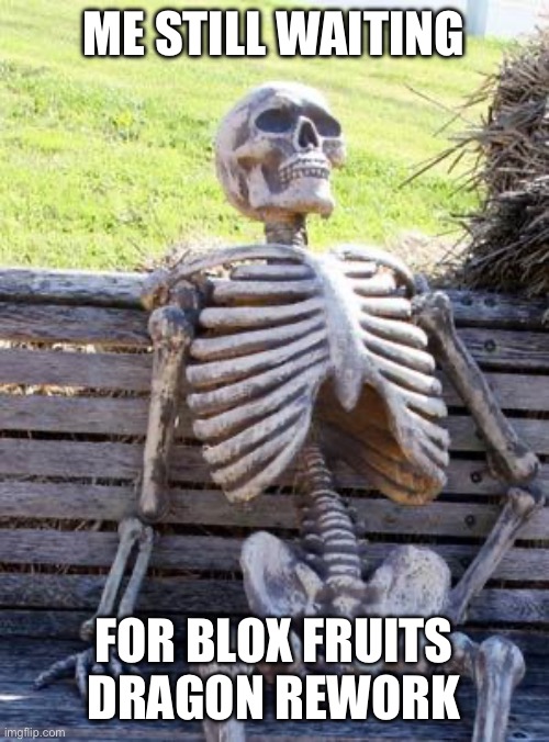 Waiting Skeleton | ME STILL WAITING; FOR BLOX FRUITS DRAGON REWORK | image tagged in memes,waiting skeleton | made w/ Imgflip meme maker