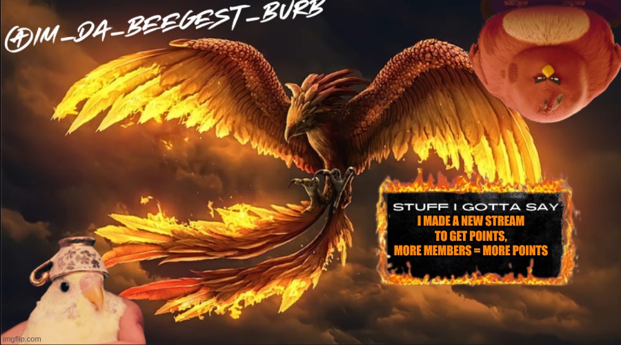 Join if you're interested | I MADE A NEW STREAM TO GET POINTS, MORE MEMBERS = MORE POINTS | image tagged in im_da_beegest_burd's announcement temp | made w/ Imgflip meme maker