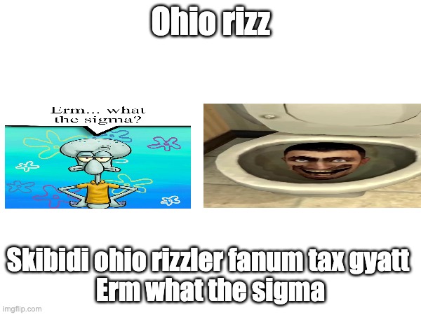 HELP IVE BEEN BRAINROTT skibidi | Ohio rizz; Skibidi ohio rizzler fanum tax gyatt 


Erm what the sigma | image tagged in skibidi toilet | made w/ Imgflip meme maker