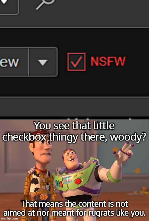 You see that little checkbox thingy there, woody? That means the content is not aimed at nor meant for rugrats like you. | image tagged in memes,x x everywhere | made w/ Imgflip meme maker