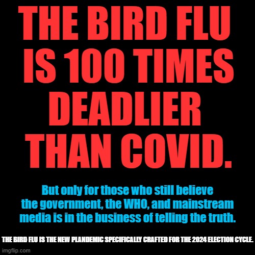 Don't believe the hype. | THE BIRD FLU 
IS 100 TIMES
DEADLIER 
THAN COVID. But only for those who still believe the government, the WHO, and mainstream media is in the business of telling the truth. THE BIRD FLU IS THE NEW PLANDEMIC SPECIFICALLY CRAFTED FOR THE 2024 ELECTION CYCLE. | image tagged in bird flu,2024,covid | made w/ Imgflip meme maker