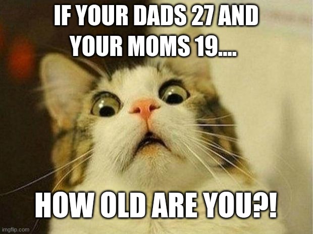 Scared Cat | YOUR MOMS 19.... IF YOUR DADS 27 AND; HOW OLD ARE YOU?! | image tagged in memes,scared cat | made w/ Imgflip meme maker