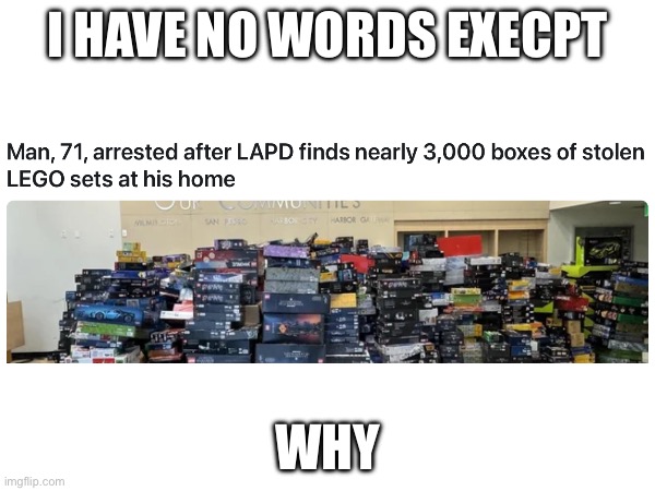 I HAVE NO WORDS EXECPT; WHY | image tagged in lego,crime,fun,funny | made w/ Imgflip meme maker