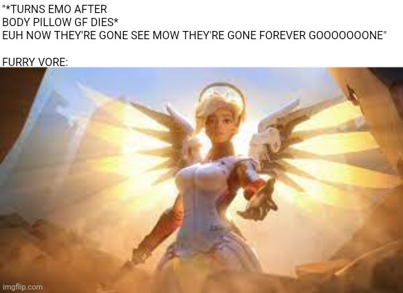 Mercy overwatch | "*TURNS EMO AFTER BODY PILLOW GF DIES*
EUH NOW THEY'RE GONE SEE MOW THEY'RE GONE FOREVER GOOOOOOONE"
 
FURRY VORE: | image tagged in mercy overwatch | made w/ Imgflip meme maker