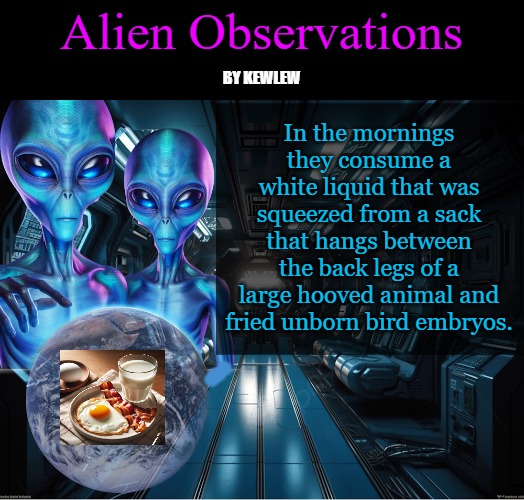 alien observations | Alien Observations; BY KEWLEW; In the mornings they consume a white liquid that was squeezed from a sack that hangs between the back legs of a large hooved animal and fried unborn bird embryos. | image tagged in alien observations | made w/ Imgflip meme maker