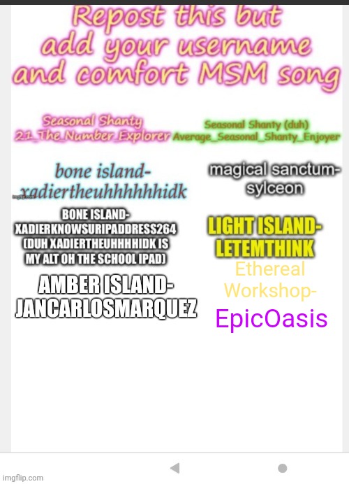 Repost but add ur name and calming island | Ethereal Workshop-; EpicOasis | image tagged in my singing monsters,msm | made w/ Imgflip meme maker