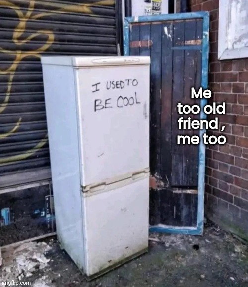 Time to retire | Me too old friend ,
me too | image tagged in fridge,old people,baby its cold outside,refrigerator,done | made w/ Imgflip meme maker