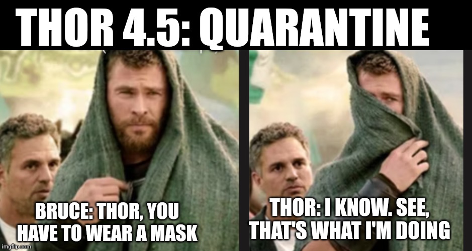 God of thunder vs (not so) green man | THOR 4.5: QUARANTINE; THOR: I KNOW. SEE, THAT'S WHAT I'M DOING; BRUCE: THOR, YOU HAVE TO WEAR A MASK | image tagged in thor,hulk,quarantine,masks,meme | made w/ Imgflip meme maker