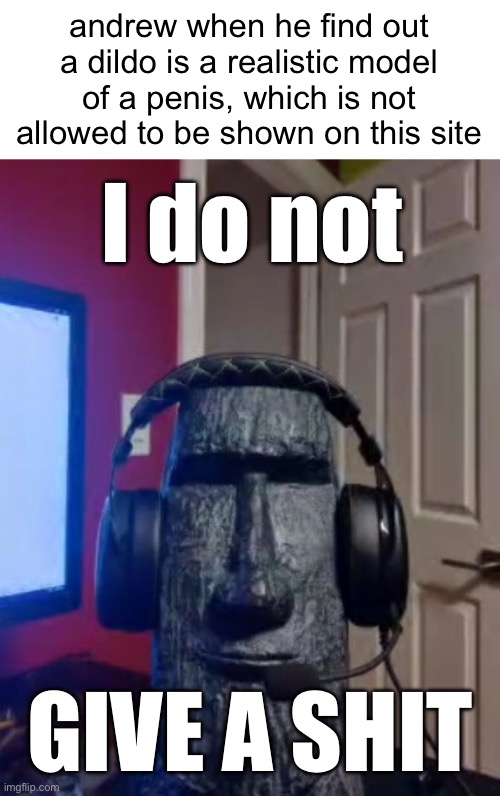. | andrew when he find out a dildo is a realistic model of a penis, which is not allowed to be shown on this site; I do not; GIVE A SHIT | made w/ Imgflip meme maker