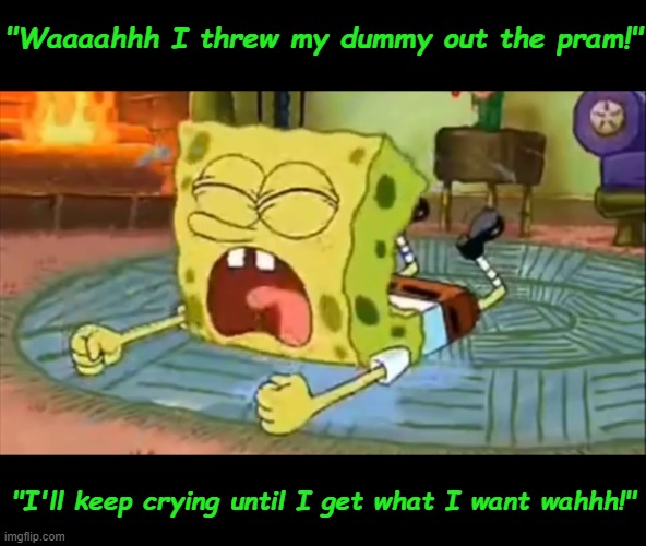 SpongeBob Temper Tantrum | "Waaaahhh I threw my dummy out the pram!"; "I'll keep crying until I get what I want wahhh!" | image tagged in spongebob temper tantrum | made w/ Imgflip meme maker