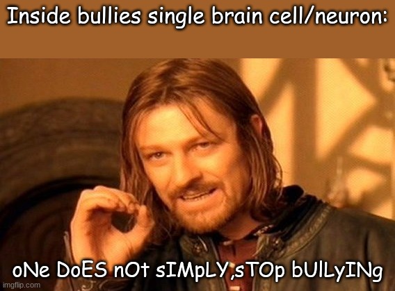 one does stop dumdum | Inside bullies single brain cell/neuron:; oNe DoES nOt sIMpLY,sTOp bUlLyINg | image tagged in memes,one does not simply | made w/ Imgflip meme maker