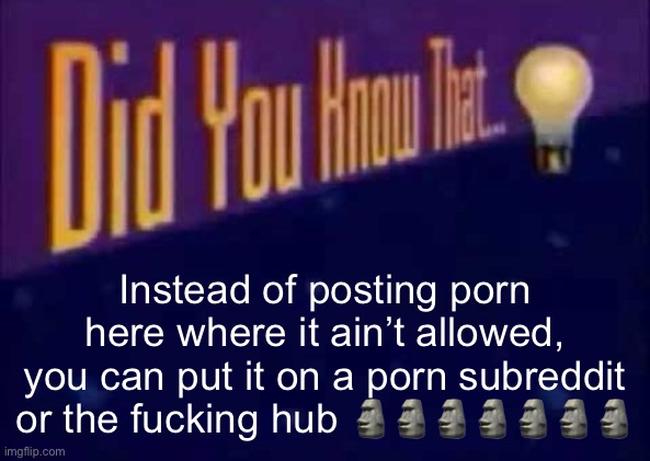 fun fact | Instead of posting porn here where it ain’t allowed, you can put it on a porn subreddit or the fucking hub 🗿🗿🗿🗿🗿🗿🗿 | made w/ Imgflip meme maker