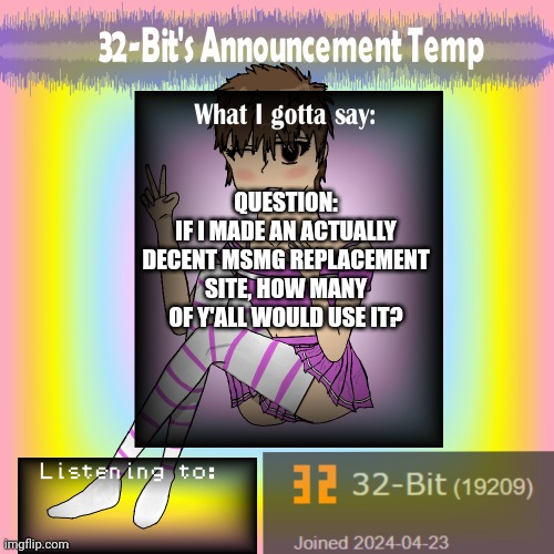 32-Bit's Announcement Template | QUESTION:
IF I MADE AN ACTUALLY DECENT MSMG REPLACEMENT SITE, HOW MANY OF Y'ALL WOULD USE IT? | image tagged in 32-bit's announcement template | made w/ Imgflip meme maker
