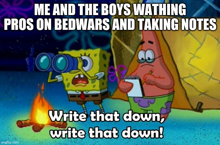 write that down | ME AND THE BOYS WATHING PROS ON BEDWARS AND TAKING NOTES | image tagged in write that down | made w/ Imgflip meme maker