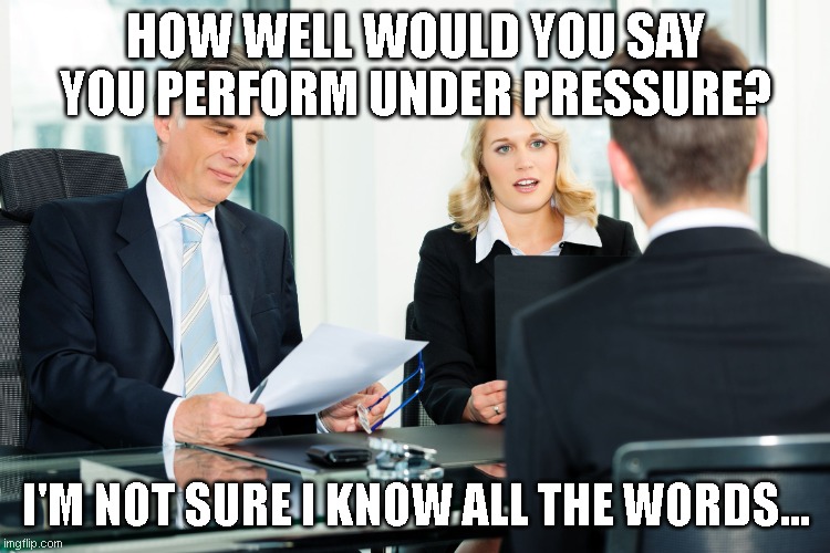 job interview | HOW WELL WOULD YOU SAY YOU PERFORM UNDER PRESSURE? I'M NOT SURE I KNOW ALL THE WORDS... | image tagged in job interview,funny meme,funny memes,lol so funny,too funny | made w/ Imgflip meme maker