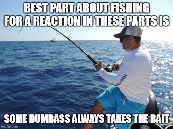 fishing  | BEST PART ABOUT FISHING FOR A REACTION IN THESE PARTS IS; SOME DUMBASS ALWAYS TAKES THE BAIT | image tagged in fishing | made w/ Imgflip meme maker