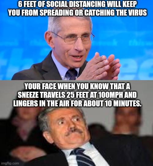 6 FEET OF SOCIAL DISTANCING WILL KEEP YOU FROM SPREADING OR CATCHING THE VIRUS YOUR FACE WHEN YOU KNOW THAT A SNEEZE TRAVELS 25 FEET AT 100M | image tagged in dr fauci 2020,excuse me wtf | made w/ Imgflip meme maker