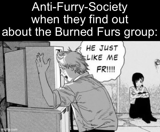 When he when the when when at the when | Anti-Furry-Society when they find out about the Burned Furs group: | image tagged in he just like me fr | made w/ Imgflip meme maker