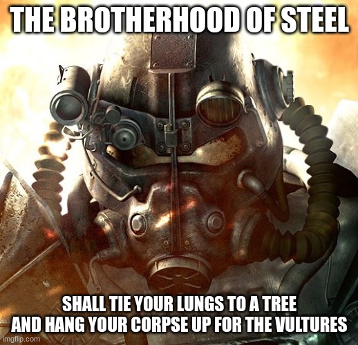 Brotherhood of Steel | THE BROTHERHOOD OF STEEL SHALL TIE YOUR LUNGS TO A TREE AND HANG YOUR CORPSE UP FOR THE VULTURES | image tagged in brotherhood of steel | made w/ Imgflip meme maker