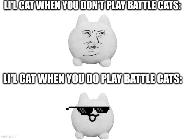 A meme only Battle Cat players understand (Li'l Cat) | LI'L CAT WHEN YOU DON'T PLAY BATTLE CATS:; LI'L CAT WHEN YOU DO PLAY BATTLE CATS: | image tagged in battle cat,li'l cat | made w/ Imgflip meme maker