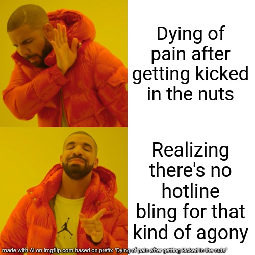 Drake Hotline Bling | Dying of pain after getting kicked in the nuts; Realizing there's no hotline bling for that kind of agony | image tagged in memes,drake hotline bling | made w/ Imgflip meme maker