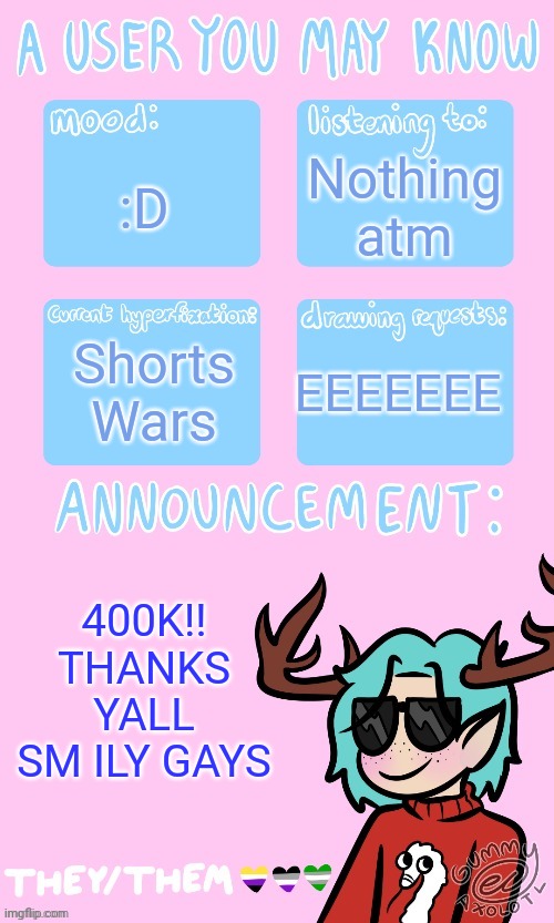 Love yall sm <3 | Nothing atm; :D; Shorts Wars; EEEEEEE; 400K!! THANKS YALL SM ILY GAYS | image tagged in mays announcement sponsored by gummers,this is jay posting this cuz i think erin's asleep,congrats bro | made w/ Imgflip meme maker