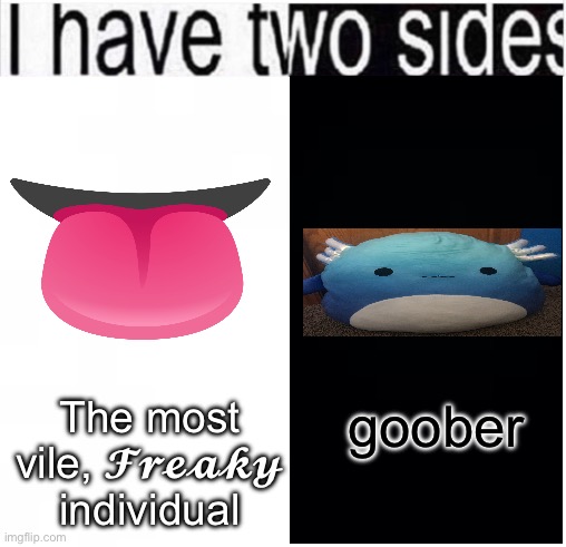 i have two sides | The most vile, 𝓕𝓻𝓮𝓪𝓴𝔂 individual; goober | image tagged in i have two sides | made w/ Imgflip meme maker