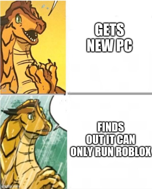 Sunny Drake Hotline | GETS NEW PC; FINDS OUT IT CAN ONLY RUN ROBLOX | image tagged in sunny drake hotline | made w/ Imgflip meme maker